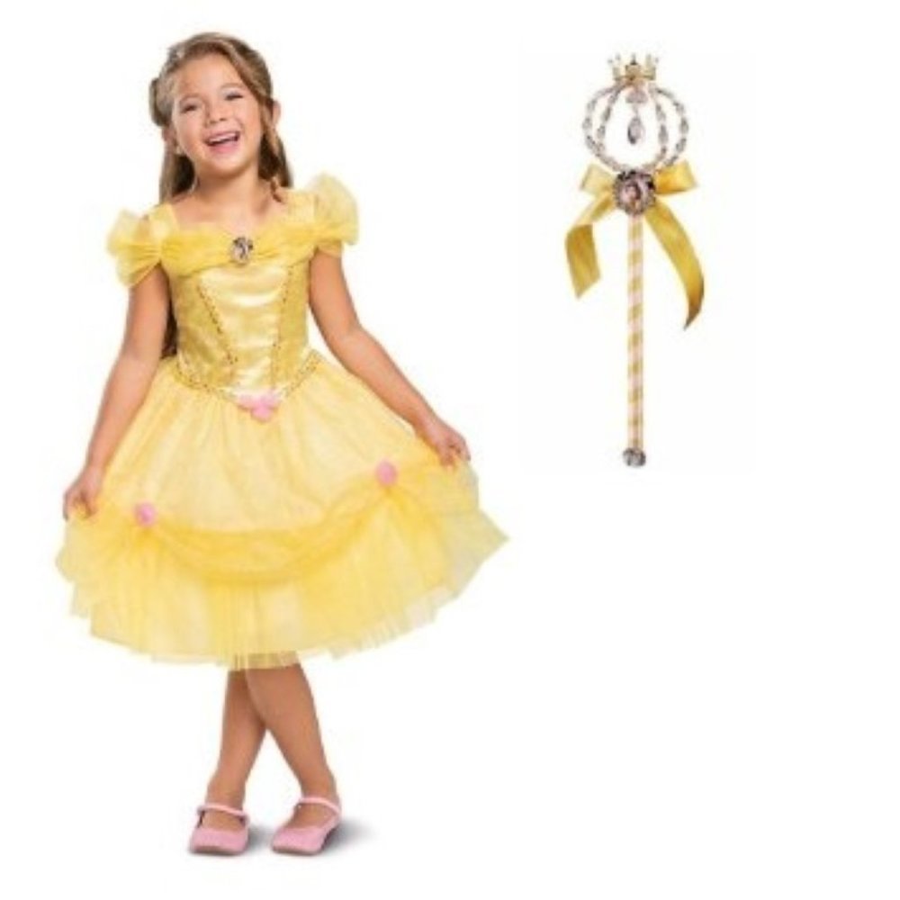 Disney Belle Halloween Costume 8/10 Princess Yellow Dress & Wand 2 Pc Girls